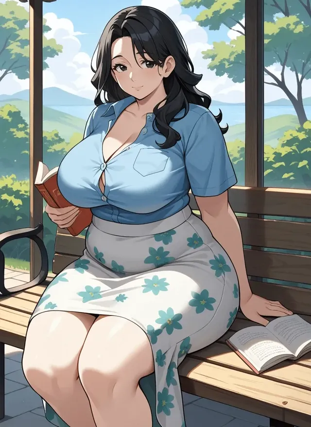 Illustrative anime woman in a blue blouse and floral skirt seated in a garden